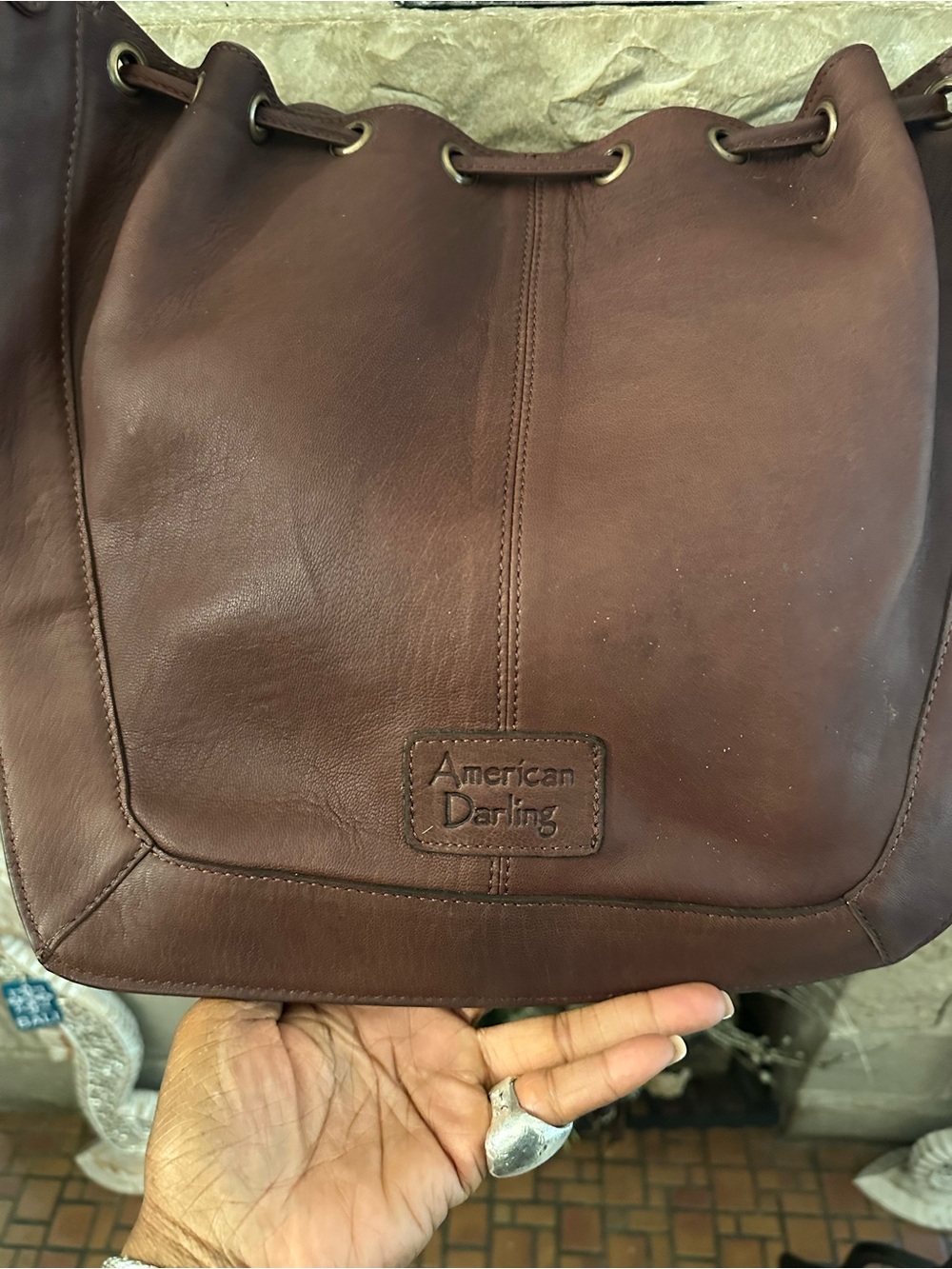 NWT American Darling Brown White Cowhide Drawstring Shoulder hobo Bag MSRP $198 - Picture 6 of 9